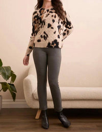 TRIBAL Printed Cable Cotton Crew Neck Sweater in sandstone - women's sweater - detail view