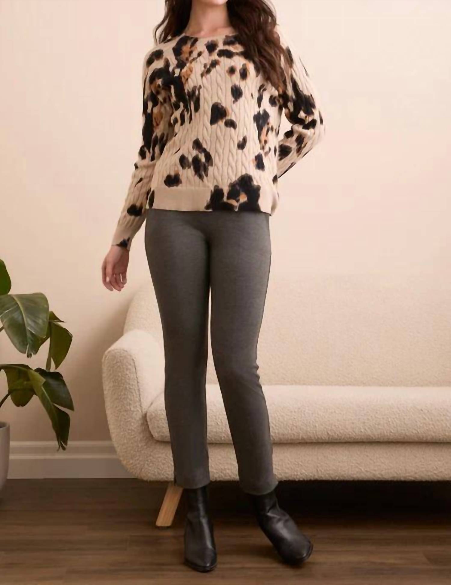 TRIBAL Printed Cable Cotton Crew Neck Sweater in sandstone - women's sweater - detail view