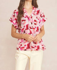 entro V-neck Short Sleeve Blouse in berry mix - women's blouse