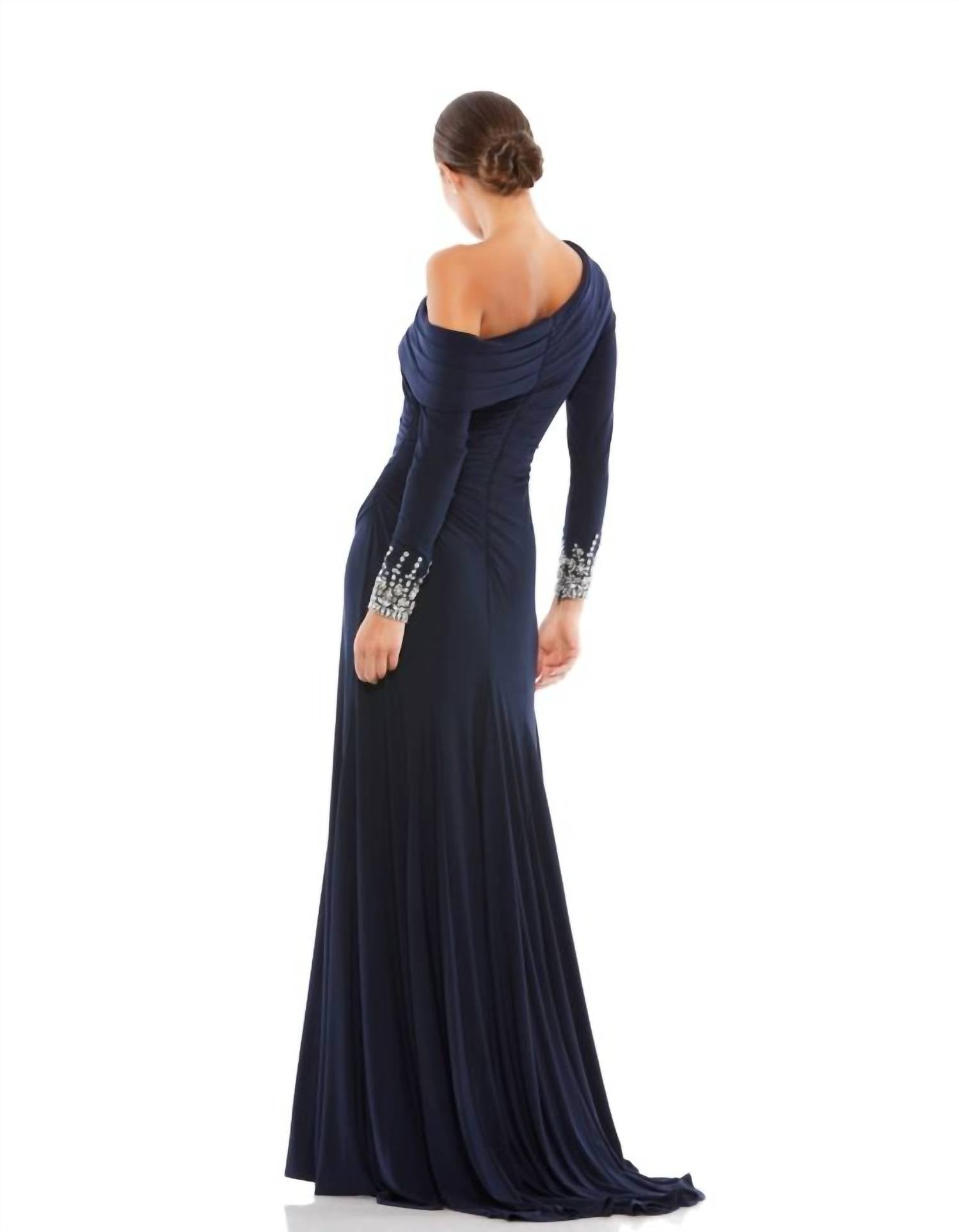 Mac Duggal - Women's Beaded Cuff Drop Shoulder Faux Wrap Gown