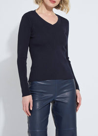 Lysse Women's Adette V Neck Ribbed Long Sleeve Sweater in midnight - women's sweater