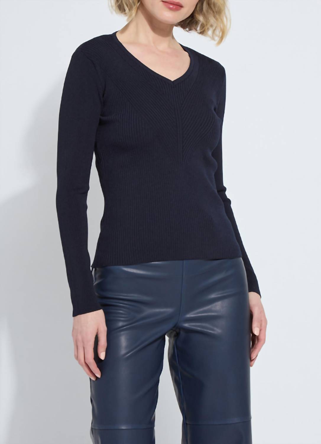 Lysse Women's Adette V Neck Ribbed Long Sleeve Sweater in midnight - women's sweater