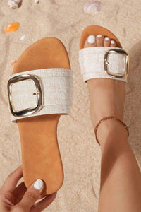 Aapparella - Women's Buckle Decor Linen Upper Flat Slippers