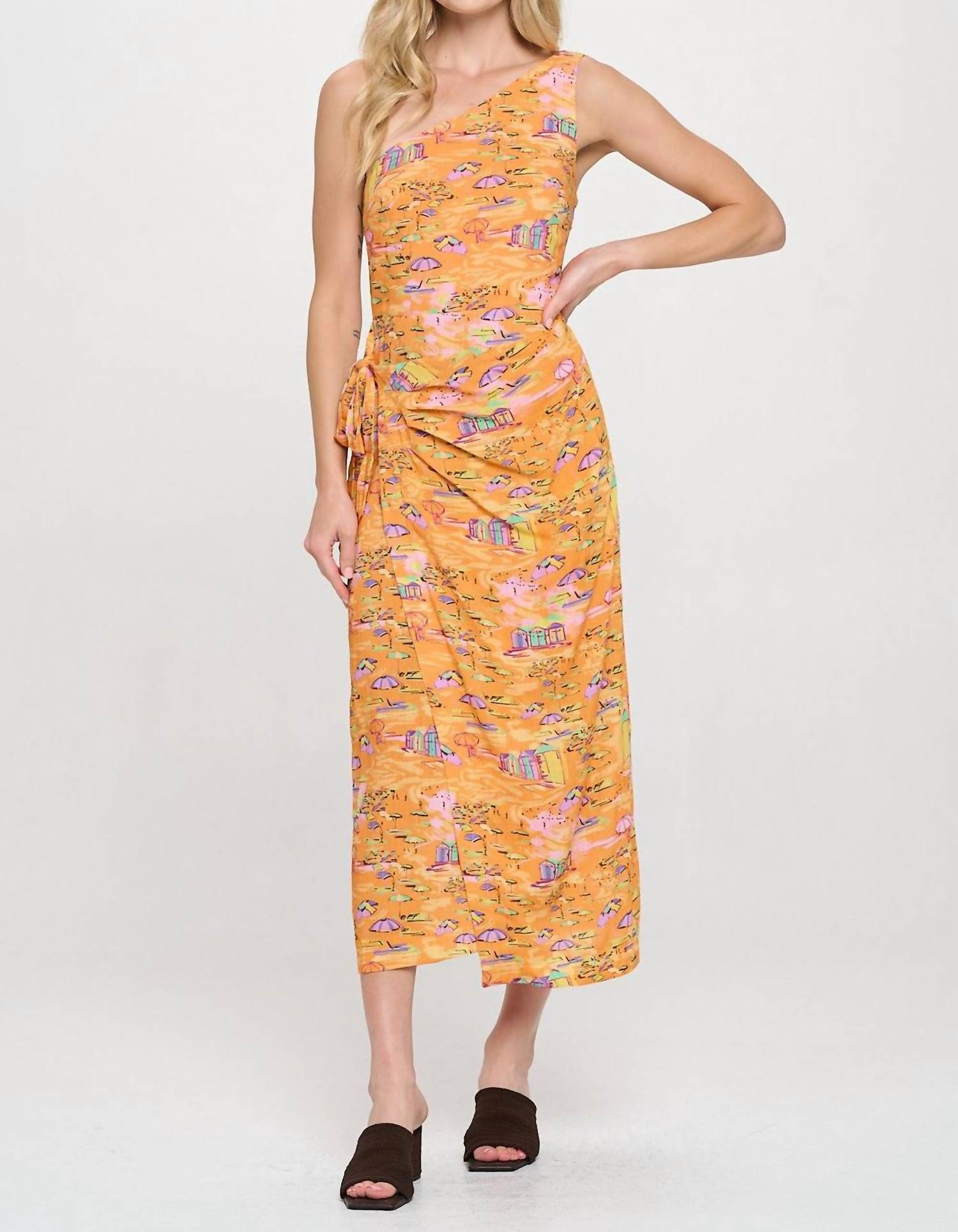 Meet Me In Santorini - Golden Shoreline One Shoulder Wrap Midi Dress