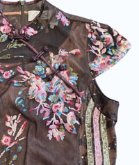 Byron Lars Women's Chinese Inspired Cap Sleeve Top in brown pink - women's t-shirt - detail view