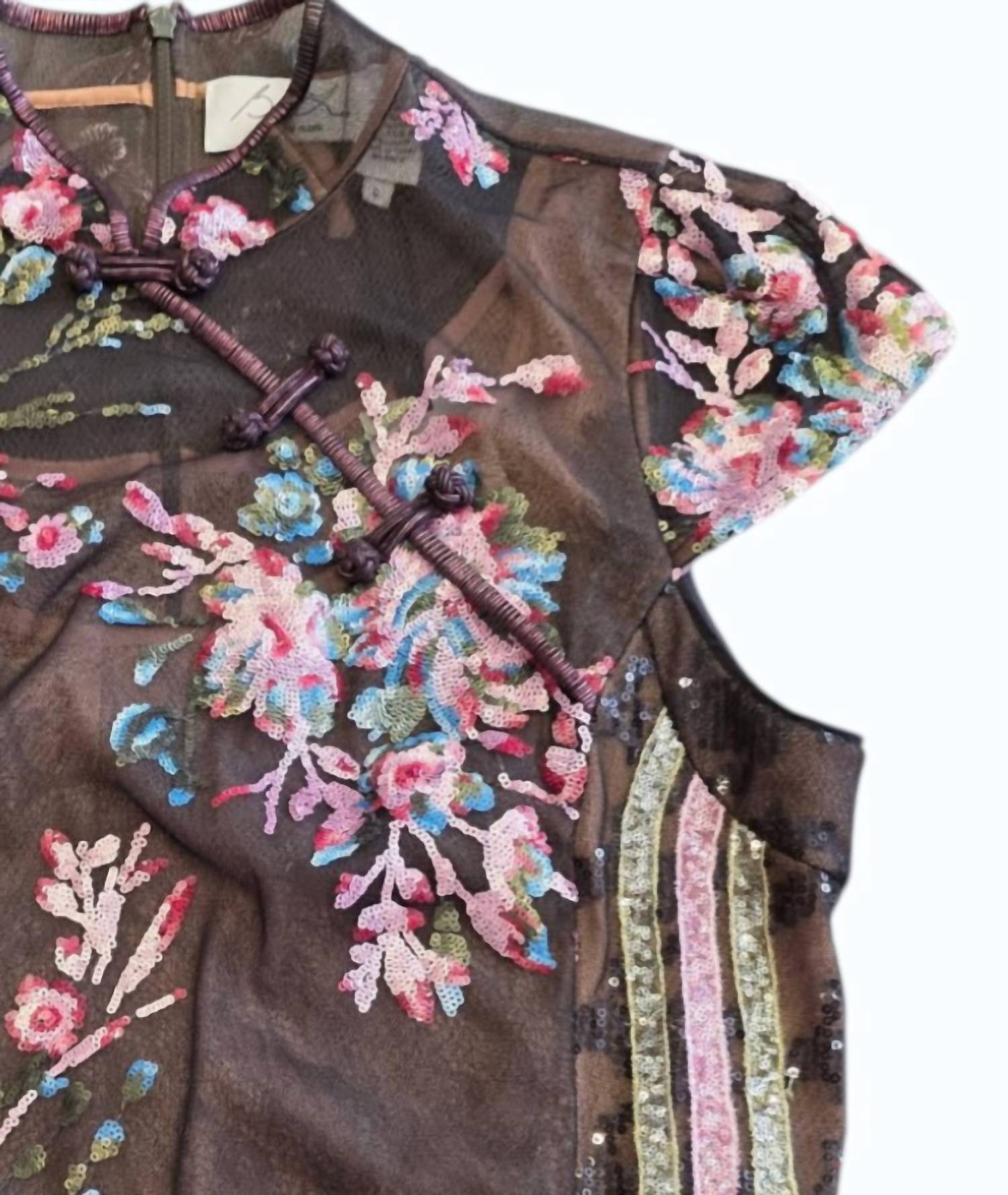 Byron Lars Women's Chinese Inspired Cap Sleeve Top in brown pink - women's t-shirt - detail view