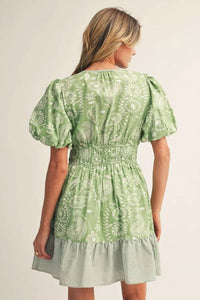 Jodifl - Paisley Pattern Short Puff Sleeve Dress