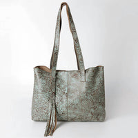 Ls Western - Women's Hand-tooled Leather Fringe Tote Bag With Adjustable Strap