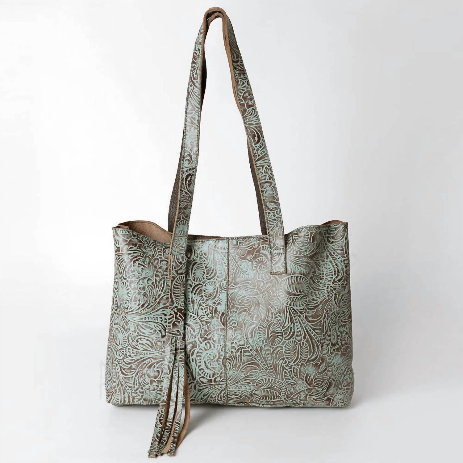 Ls Western - Women's Hand-tooled Leather Fringe Tote Bag With Adjustable Strap