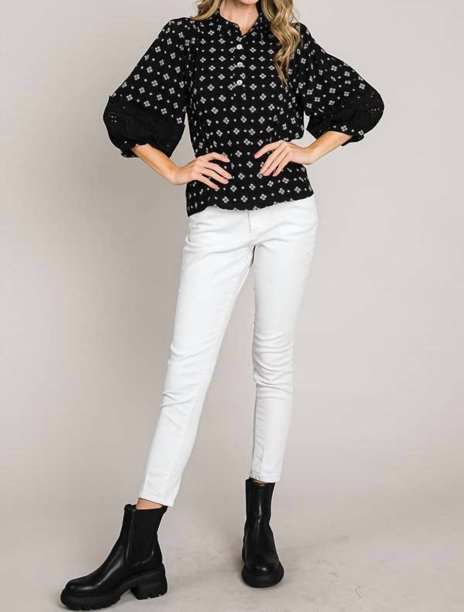 Cerule - Bracelet Sleeve with Embroidered Eyelet Lace Trim Blouse