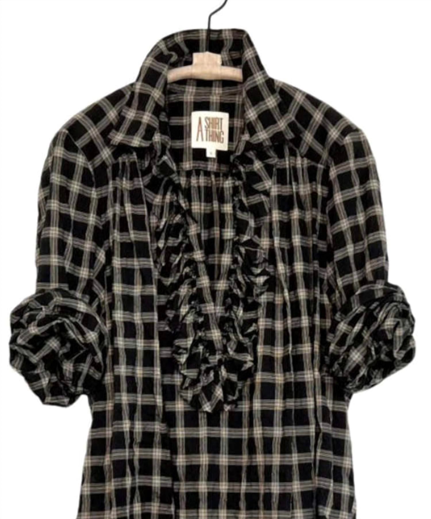 A SHIRT THING Women's Celine Ruffled Front Blouse in black plaid - women's blouse - detail view