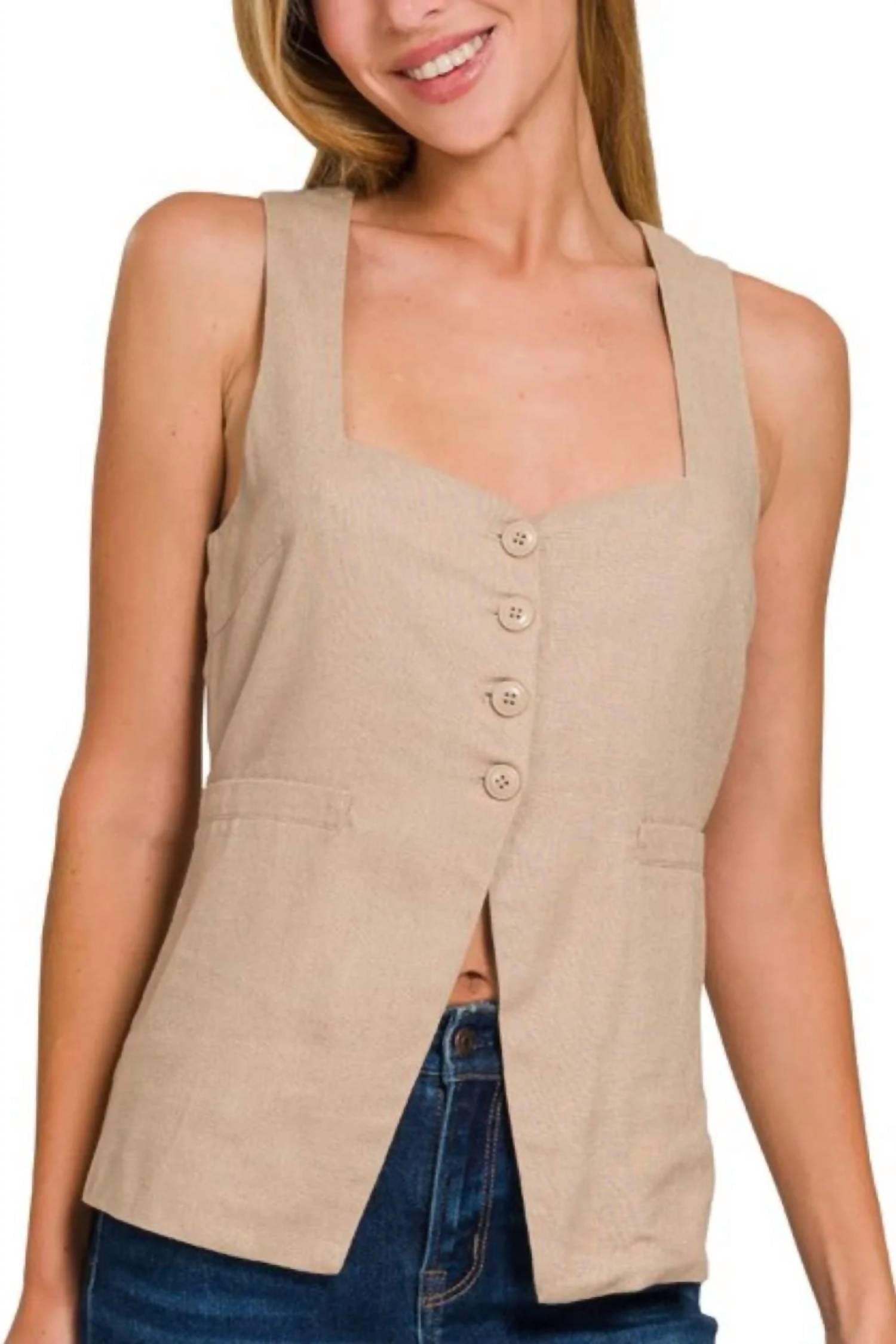 Zenana - Linen Tie-back 4-button Vest With Lining
