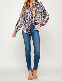 SEE AND BE SEEN Snakeskin Print Long Sleeve Shirt in blue multi - women's blouse