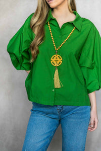 P.CILL Poplin Bishop Sleeve Button Up Blouse in apple green - women's blouse - view 5