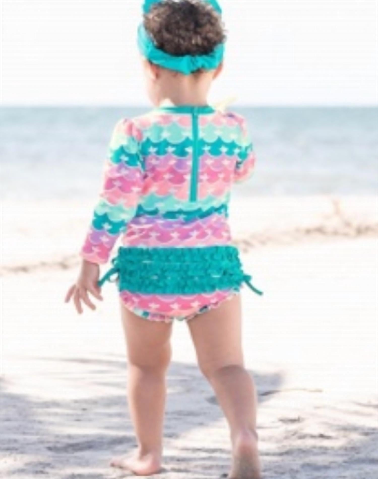 Rufflebutts - Kid's Mermaid One Piece Rash Guard Swimsuit