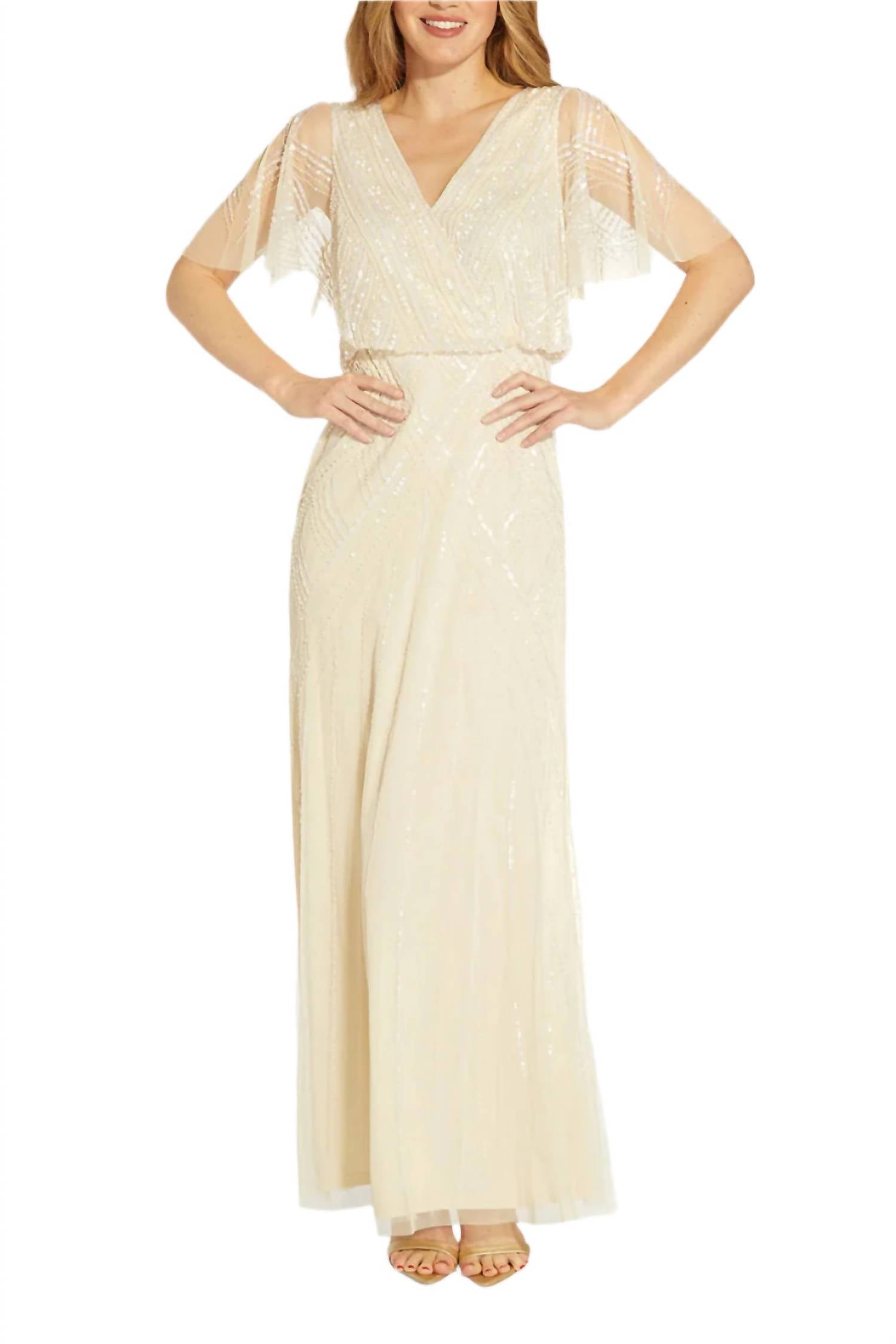 Adrianna Papell - V-neck Beaded Flutter Sleeves Back Zipper Long Chiffon Dress