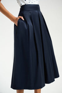 Joseph Ribkoff Stretch Taffeta Flared Skirt with Box Pleats in midnight blue - women's skirt - detail view