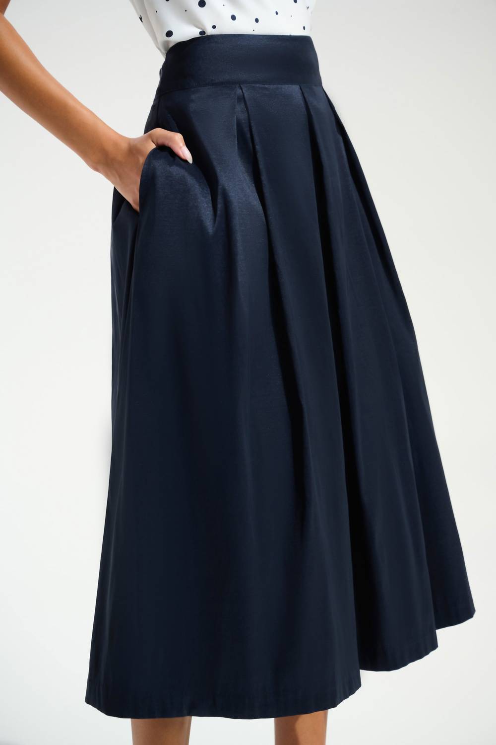 Joseph Ribkoff Stretch Taffeta Flared Skirt with Box Pleats in midnight blue - women's skirt - detail view