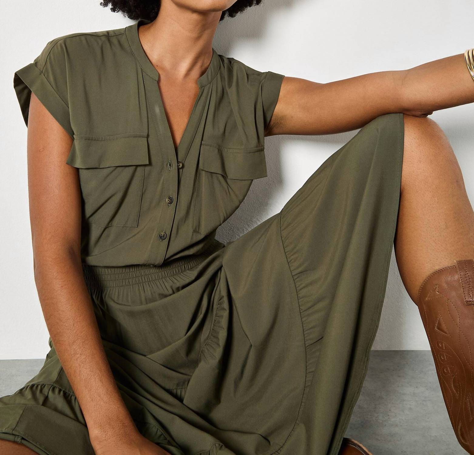 APRICOT Tiered Utility Midaxi Dress in khaki - women's dress - alternate view
