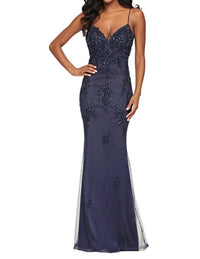 Faviana - Beaded Lace Long V Neck Dress With Open Back