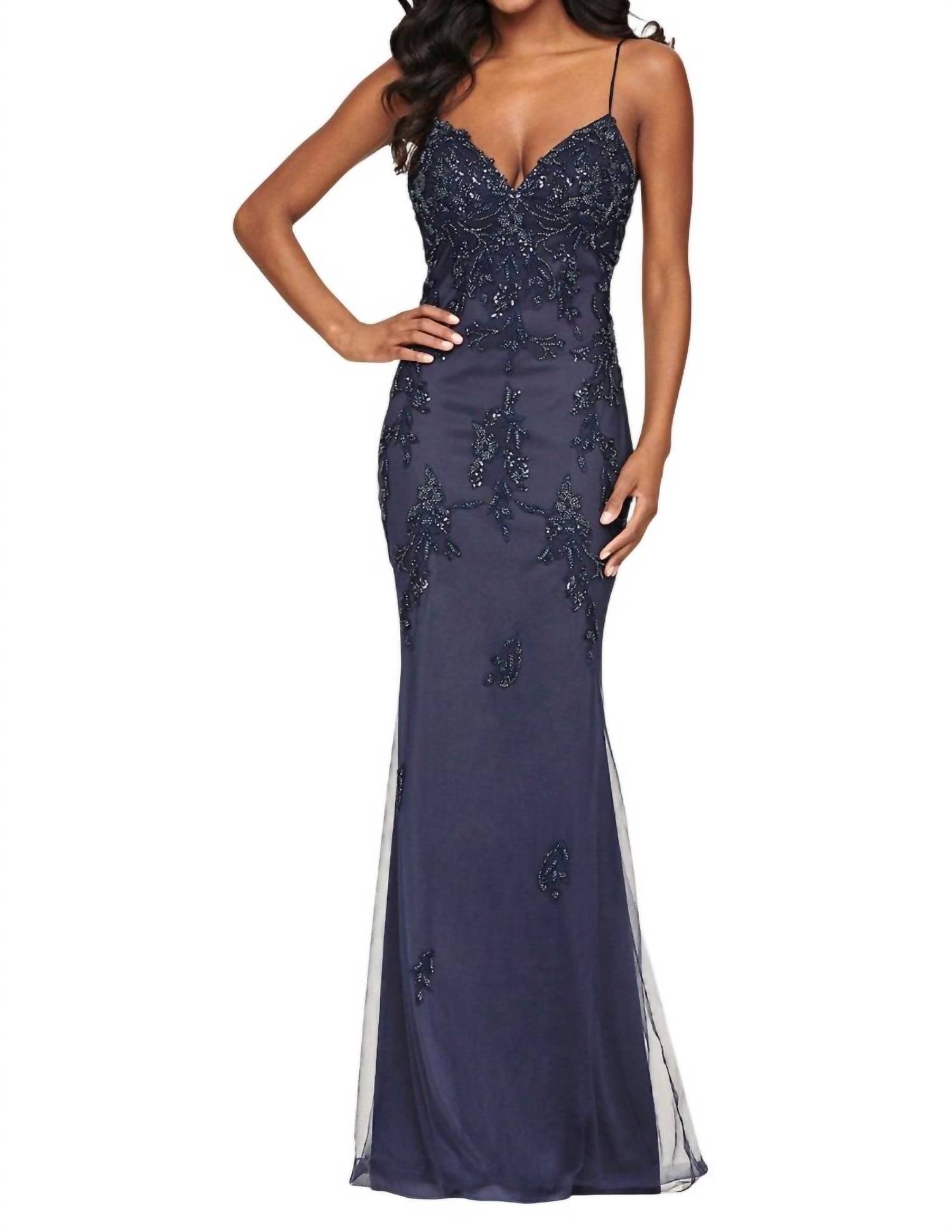 Faviana - Beaded Lace Long V Neck Dress With Open Back