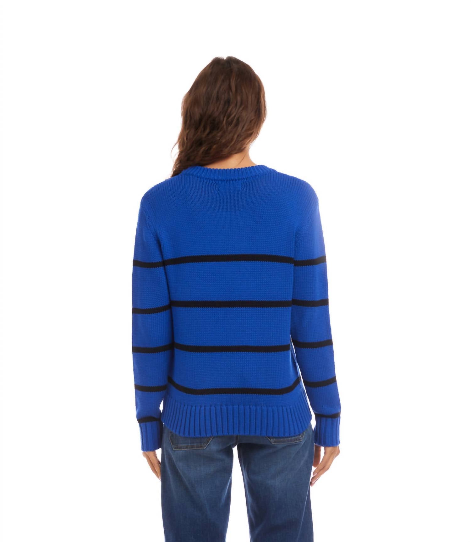 Karen Kane Stripe Crewneck Sweater in sapphire with black - women's sweater - alternate view