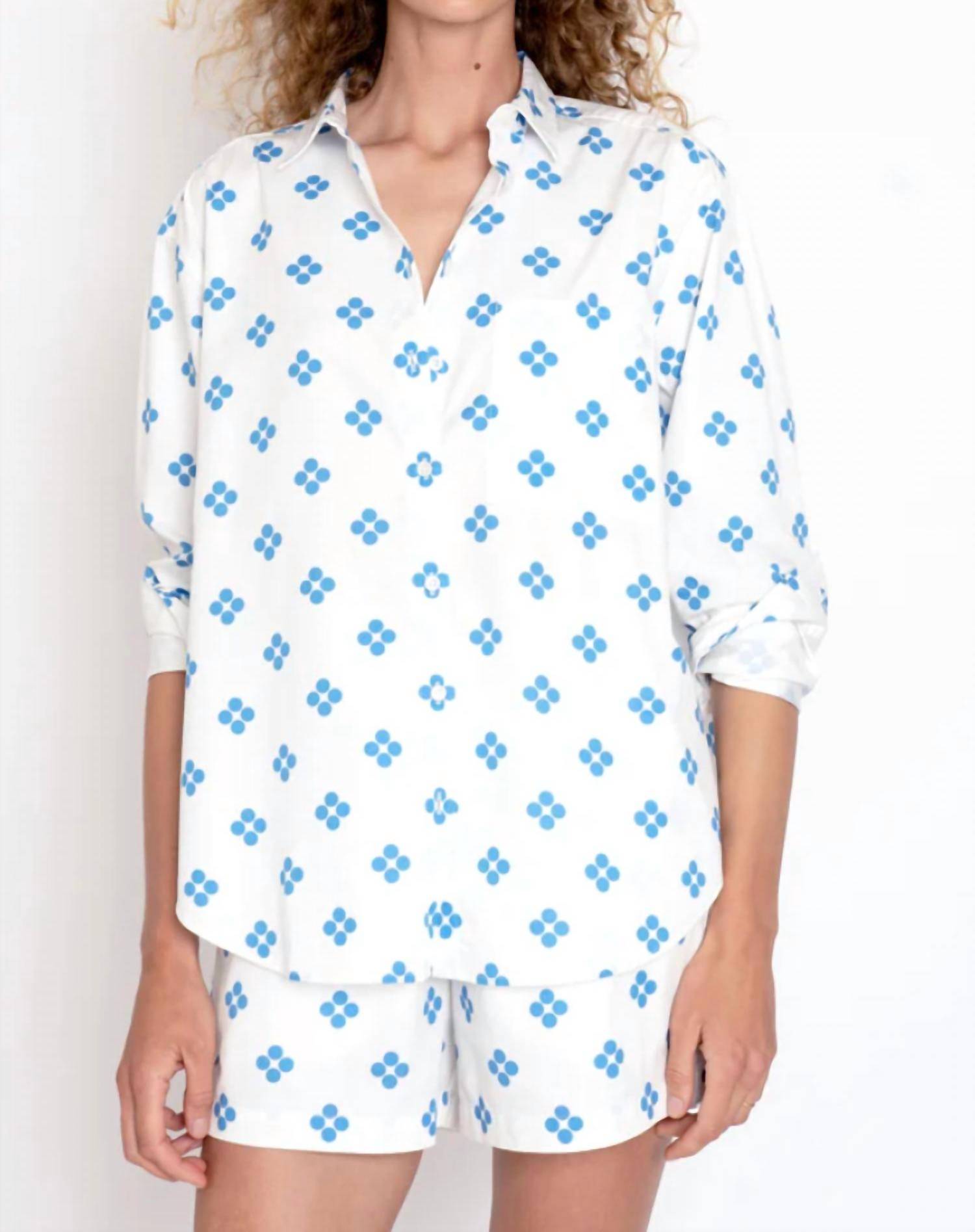 KULE Quinn Button Up Shirt in white royal blue - women's shirt