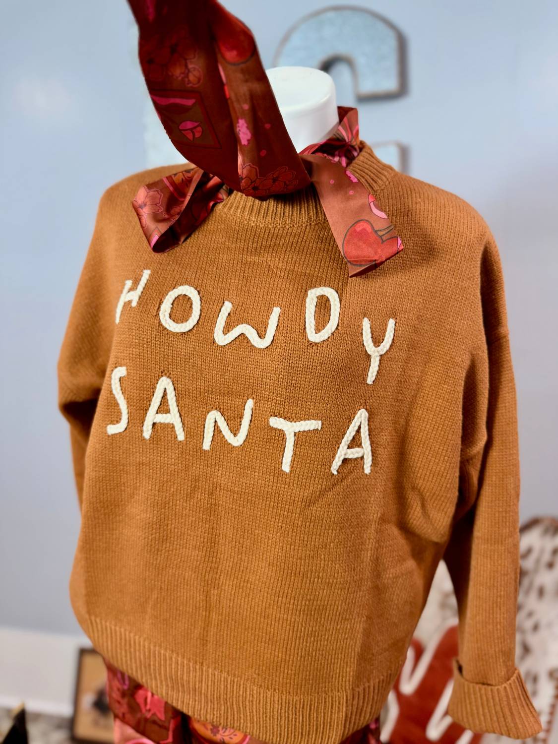 Baevely by Wellmade Women's Howdy Santa Sweater in camel - women's sweater - detail view