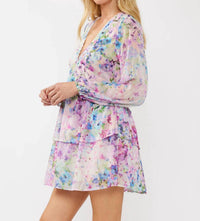 Lovestitch - Watercolor Flower V-neck Tiered Mini Dress