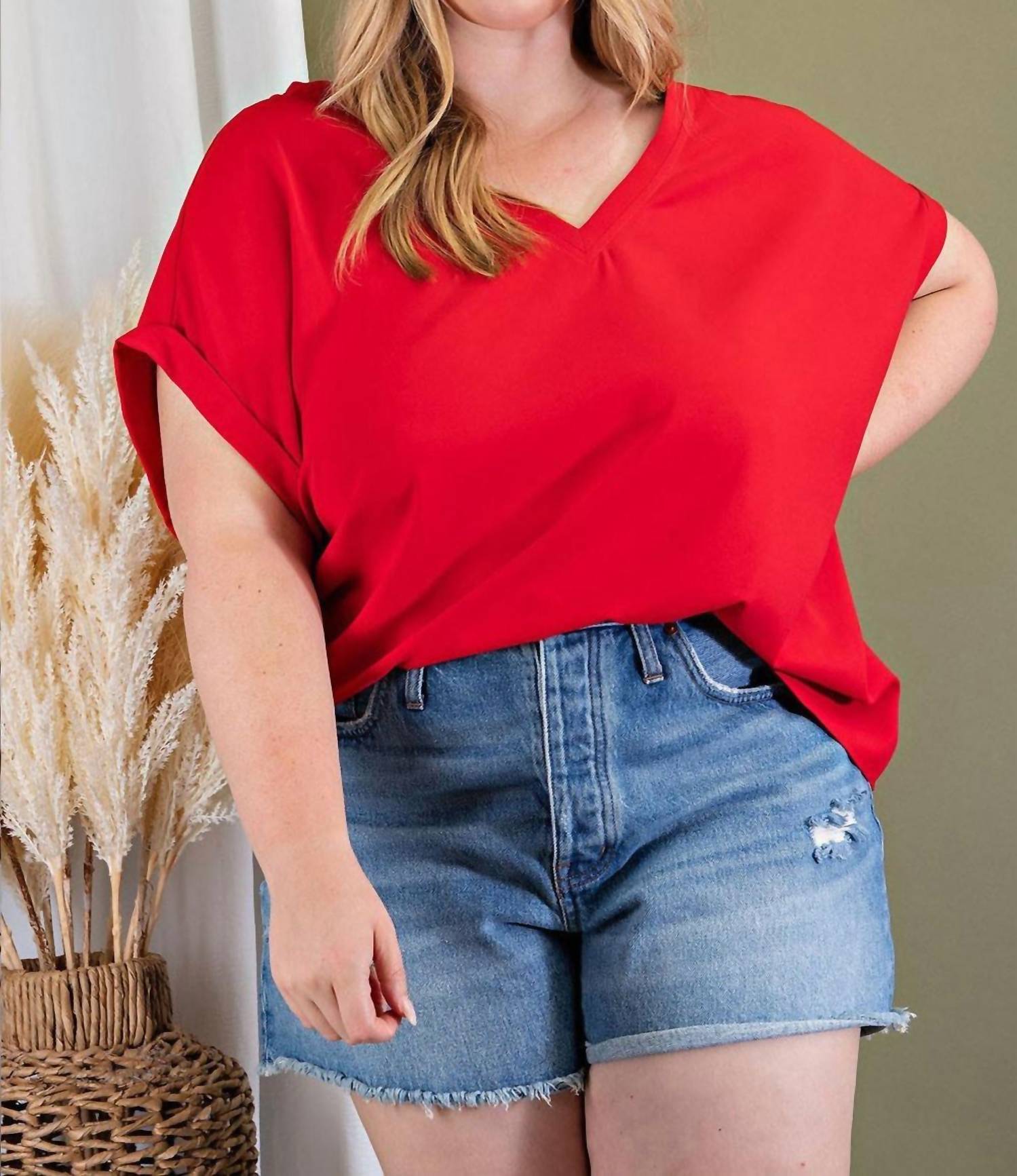 ee:some Cuffed Short Sleeve V-neck Top in wine - women's t-shirt - view 4