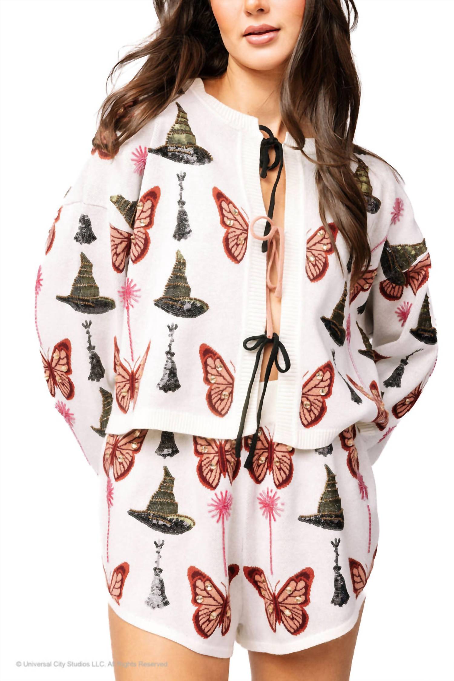QUEEN OF SPARKLES Licensed Butterfly, Broom, & Wand Shorts in white pink green - women's shorts - detail view