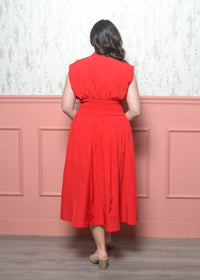She + Sky - Short Sleeve Smocked Waist Front Zip Midi Dress