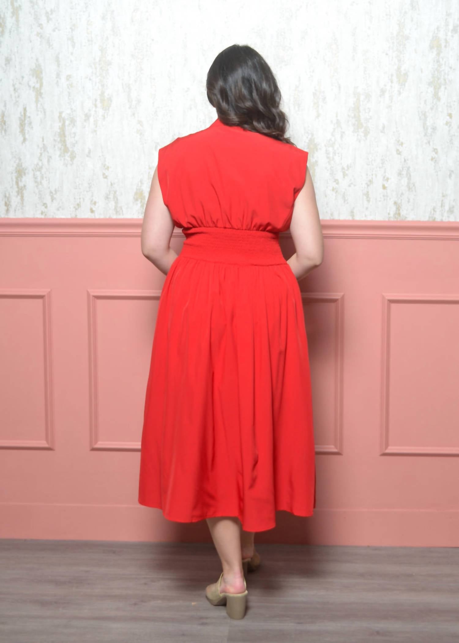 She + Sky - Short Sleeve Smocked Waist Front Zip Midi Dress