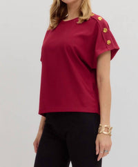 Entro - Crew Neck Gold Button Pullover Blouse