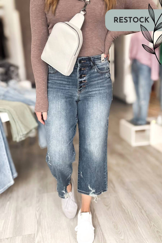 Judy Blue - High Waist Button Fly Wide Leg Crop Denim