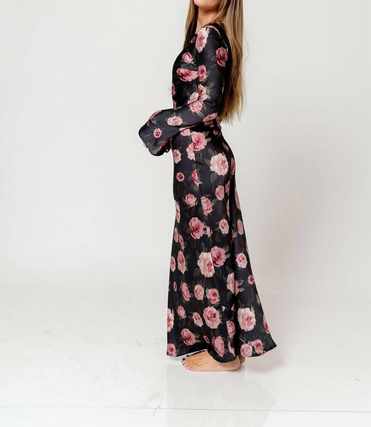 Sofie the Label Georgie Floral Satin Bias Maxi Dress in black mauve - women's dress - alternate view