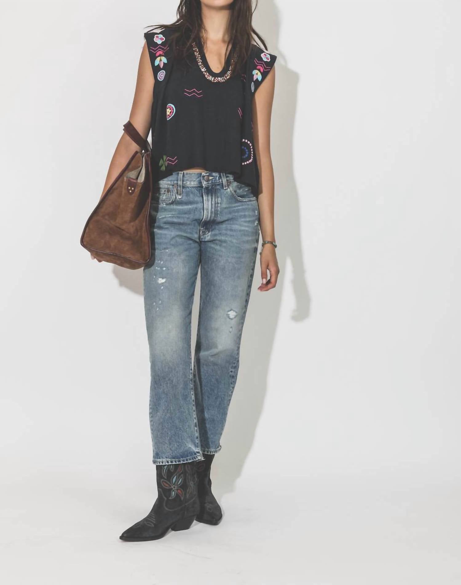 ALIX OF BOHEMIA Nehru Slub Embroidered Top in black - women's blouse - detail view