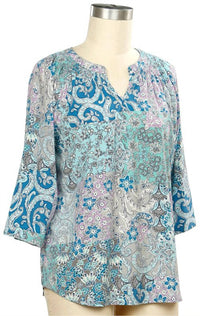 N Touch - Women's 3/4 Sleeve Print Smock Neck Blouse