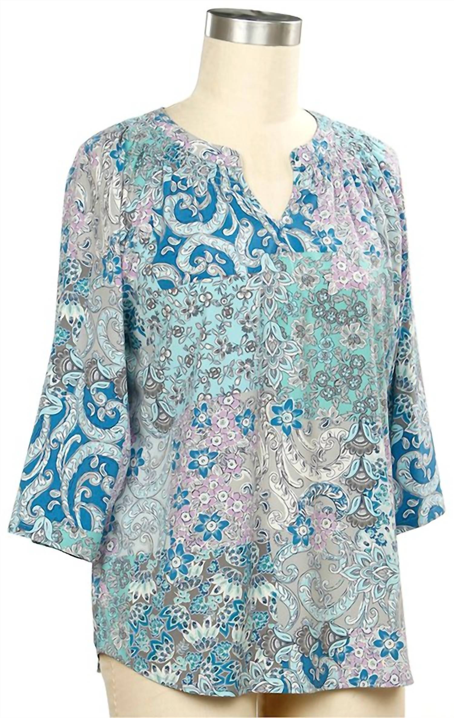 N Touch - Women's 3/4 Sleeve Print Smock Neck Blouse