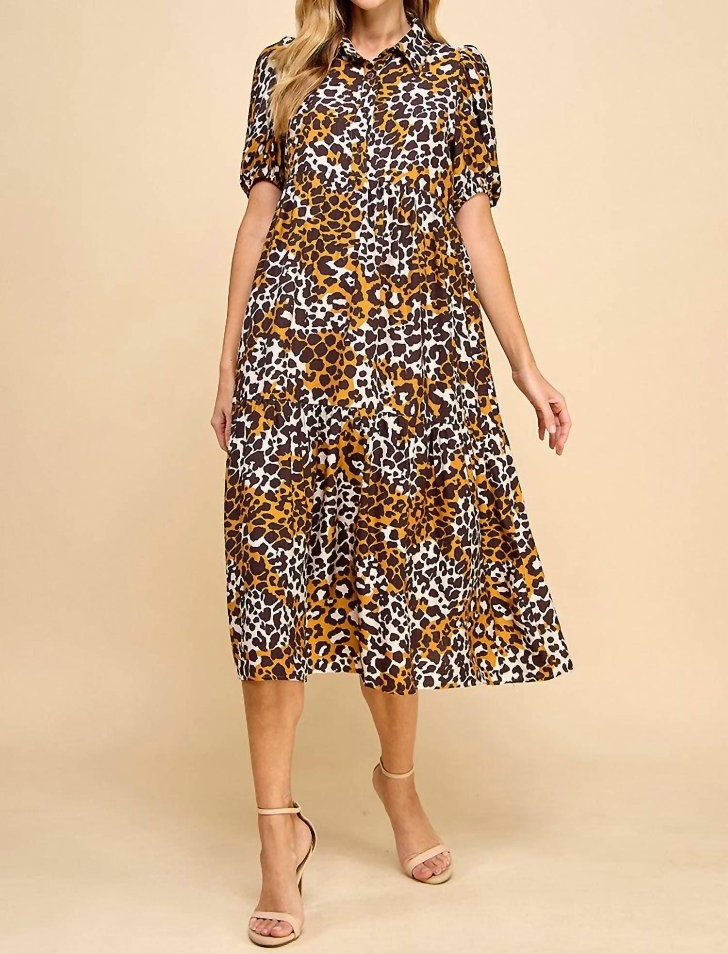 TCEC Collared Midi Shirt Dress in beige black - women's dress - detail view