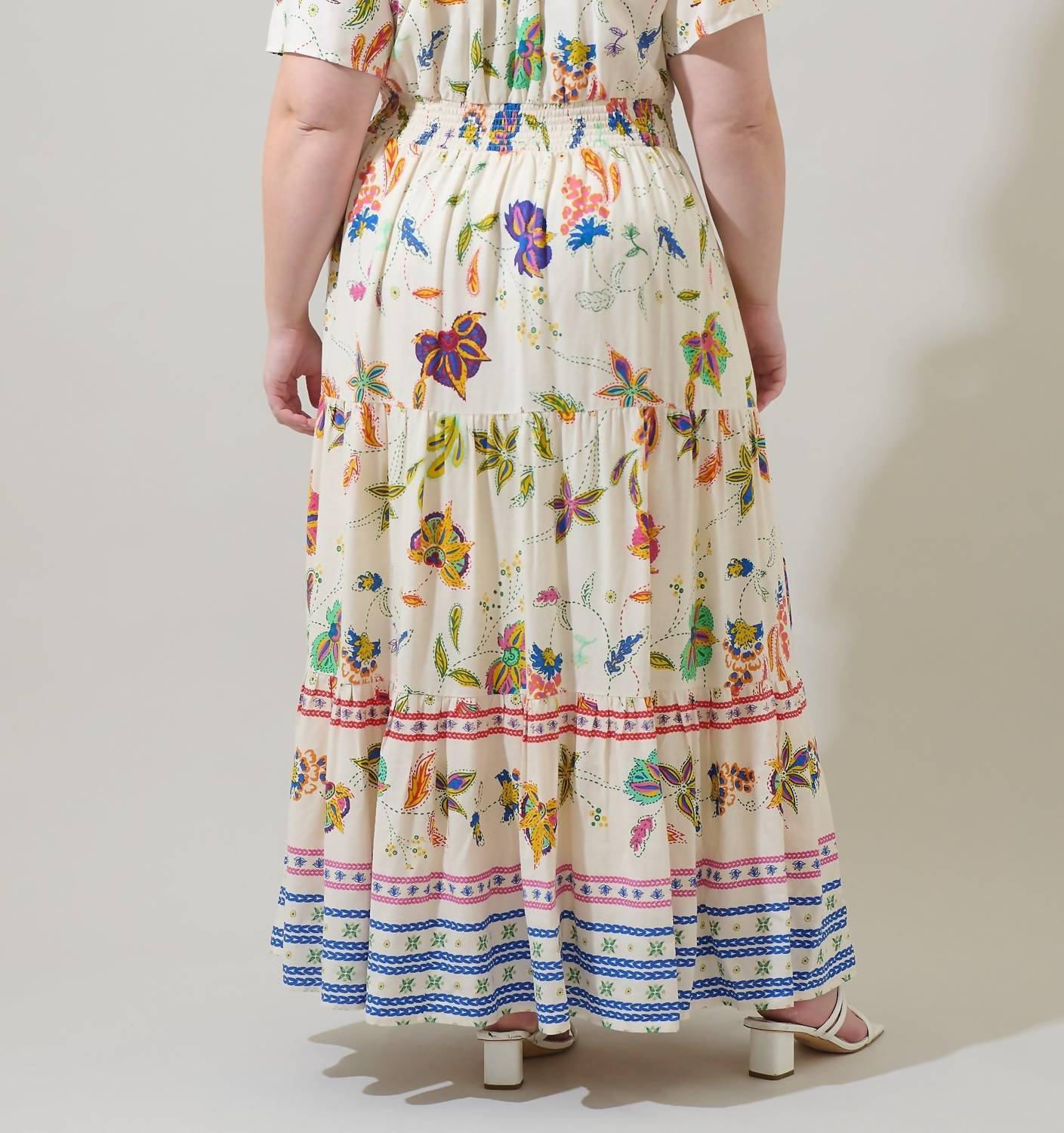 SUGARLIPS Rony Smocked Maxi Dress in ivory multi - women's dress - detail view