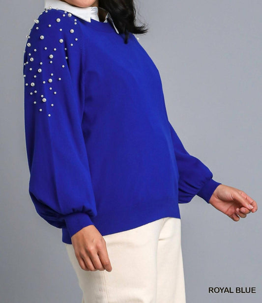 Round Neck Pullover Sweater With Long Sleeve Pearl Details