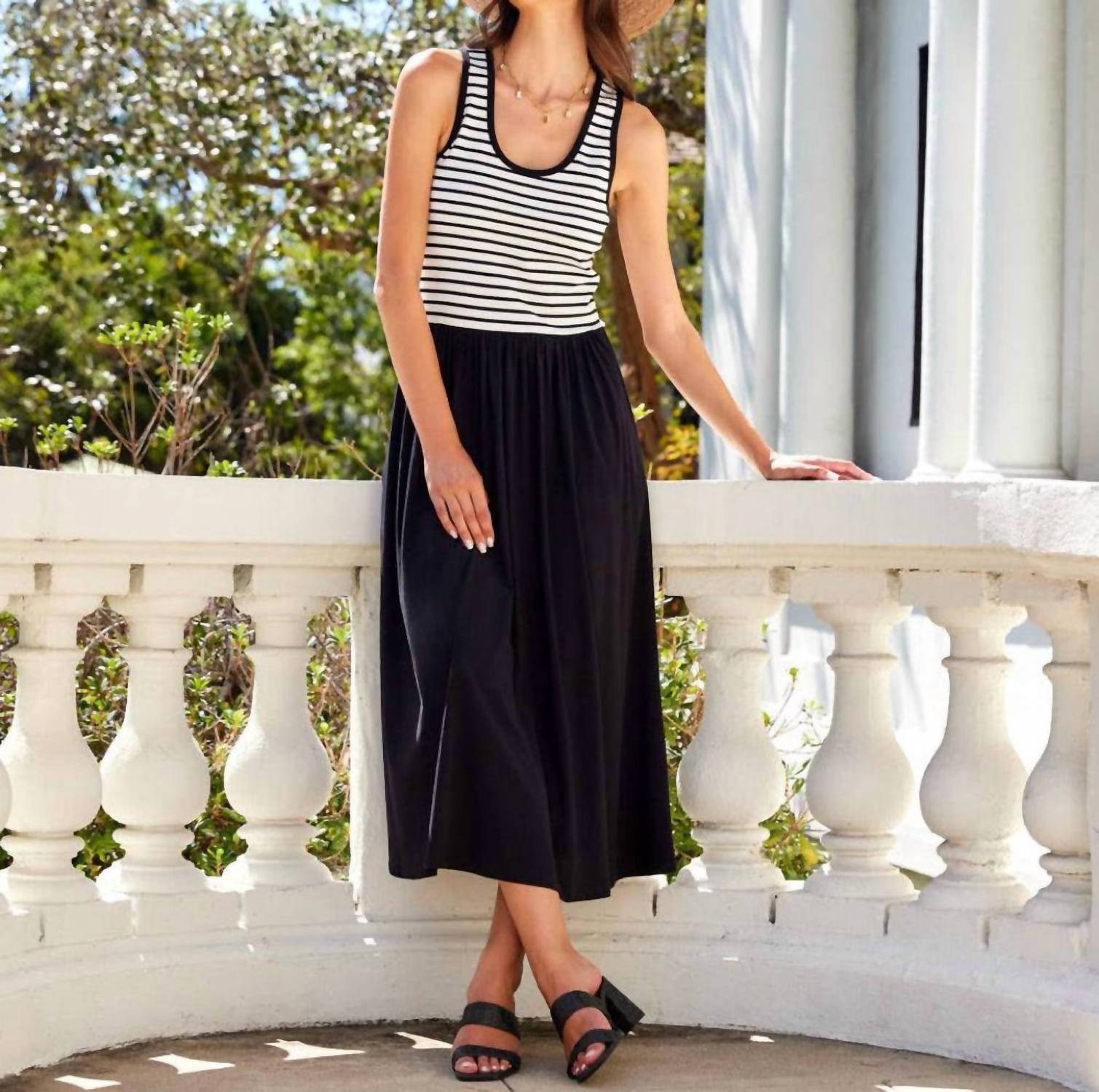 Karen Kane - Sleeveless Stripe Bodice Mixed-Media Midi Dress