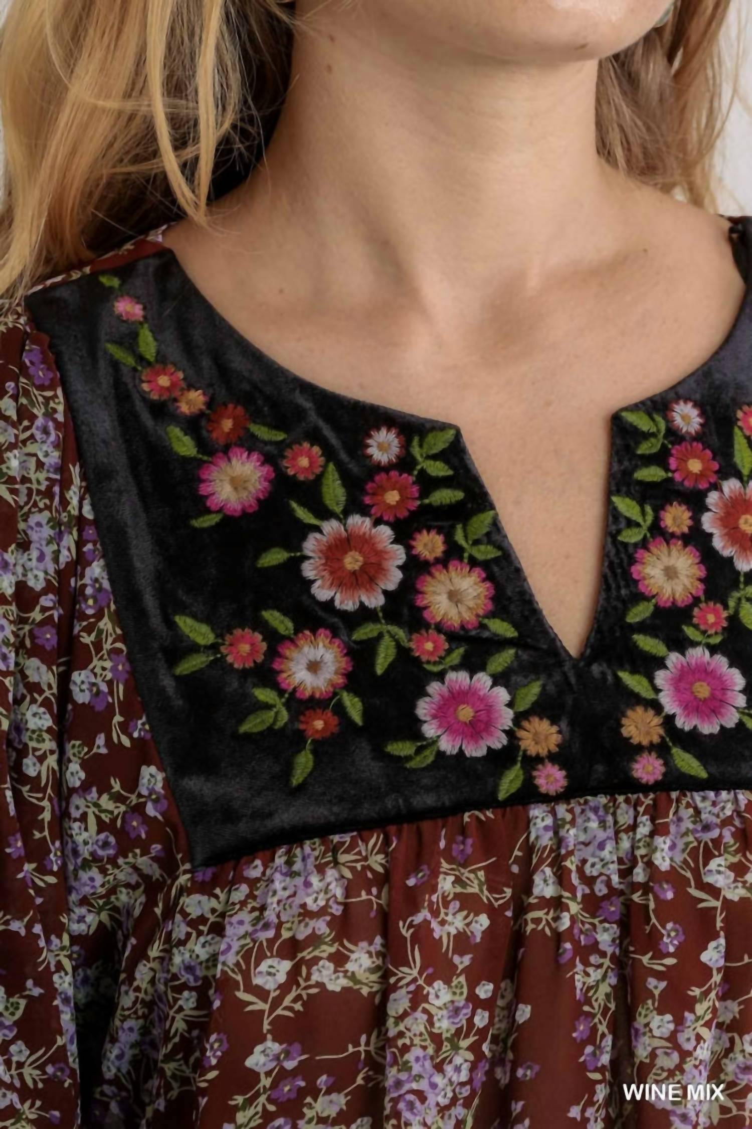 Umgee - Embroidered Velvet Yoke Floral Blouse