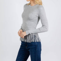 Autumn Cashmere Tiered Fringe Cashmere Rib Sweater in silver - women's sweater - alternate view