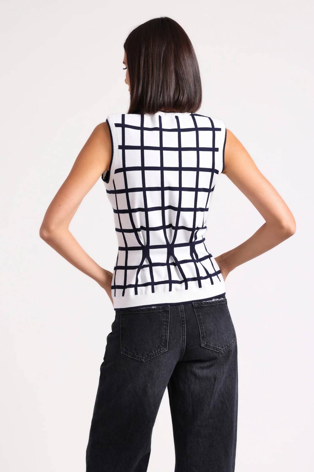 Minnie Rose - Windowpane Pleated Sleeveless Top
