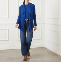 Karen Kane Long Sleeve Ribbed Drape Front Cardigan in indigo - women's cardigan - view 5