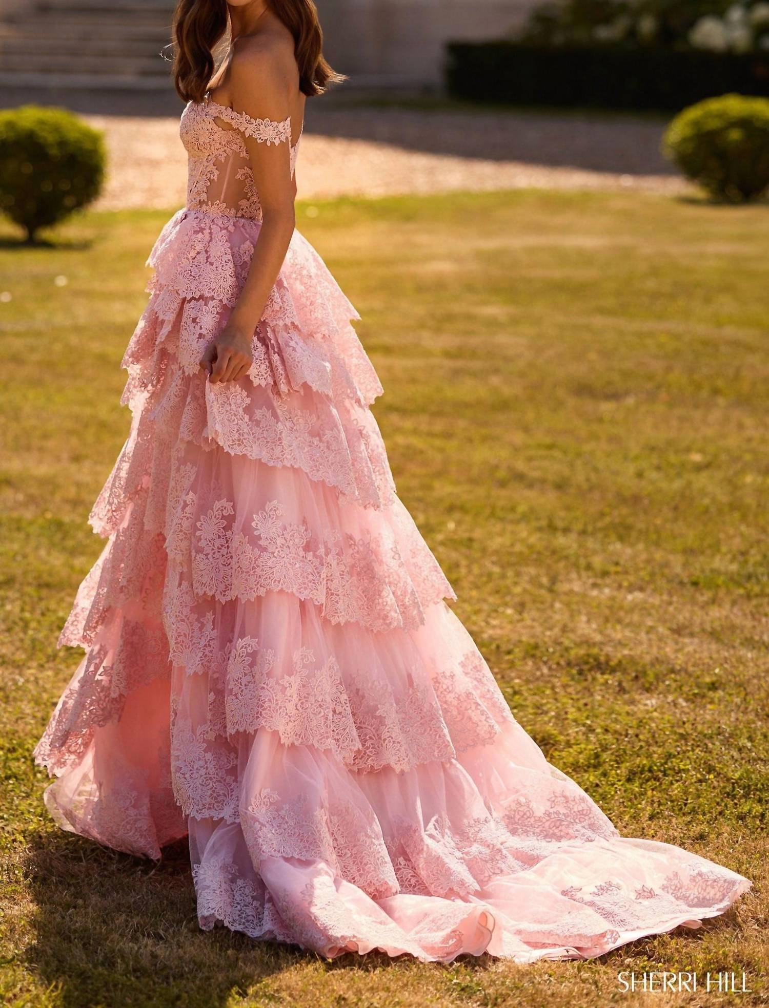 Sherri Hill Ruffle Skirt Off The Shoulder Dress in blush - women's dress - alternate view
