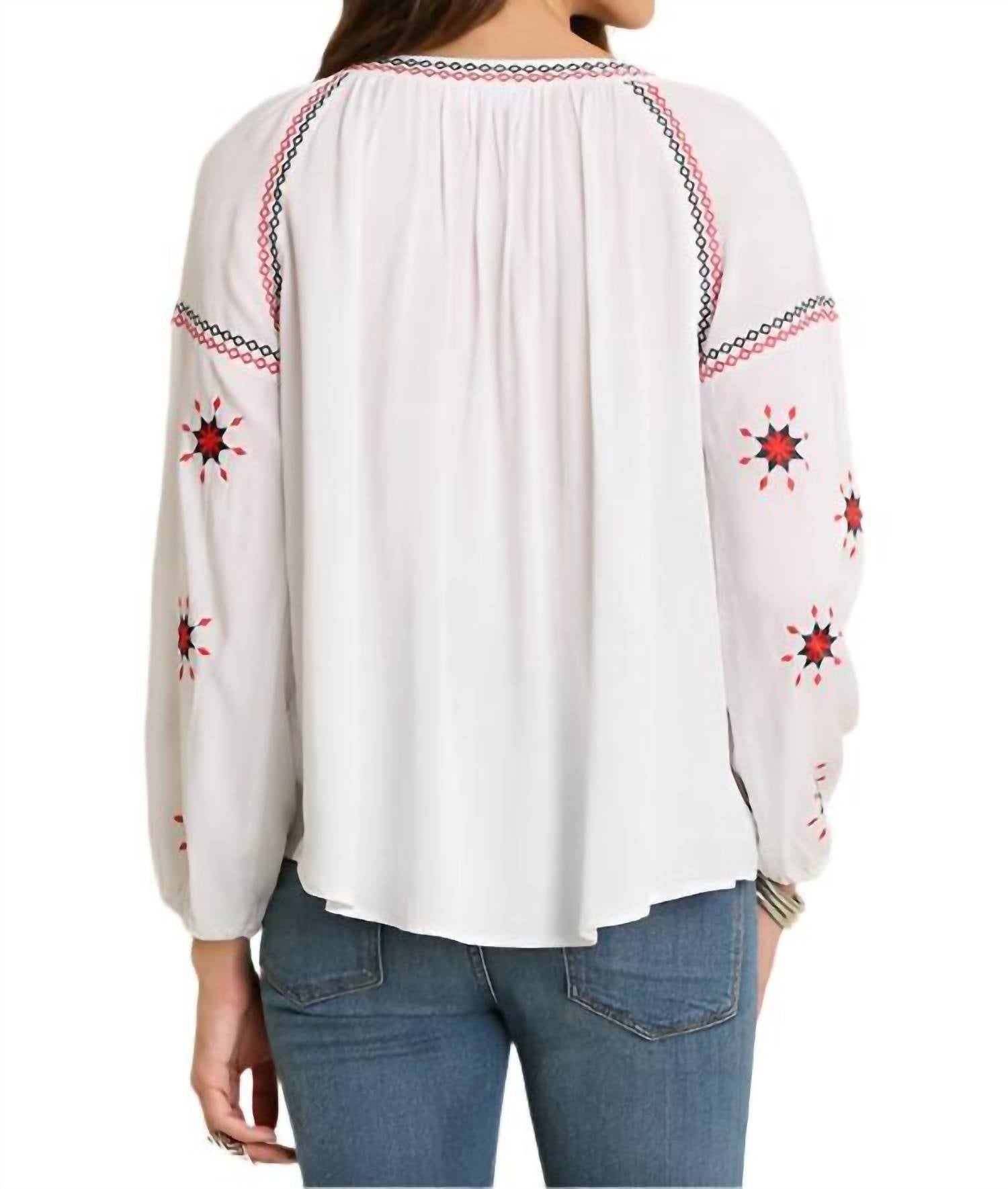 Umgee - Embroidered Tassel Tie Blouse