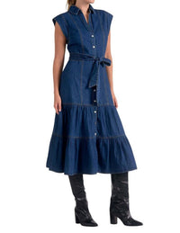 ELAN Cap Sleeve Denim Midi Dress in blue - women's dress - detail view
